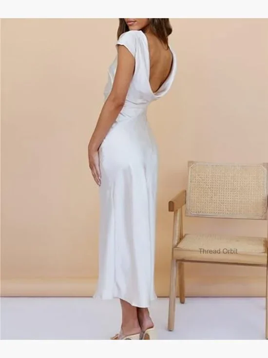 Satin Midi Dress with Cap Sleeves Ruched Waist Cowl Back Formal - Picture 5 of 7